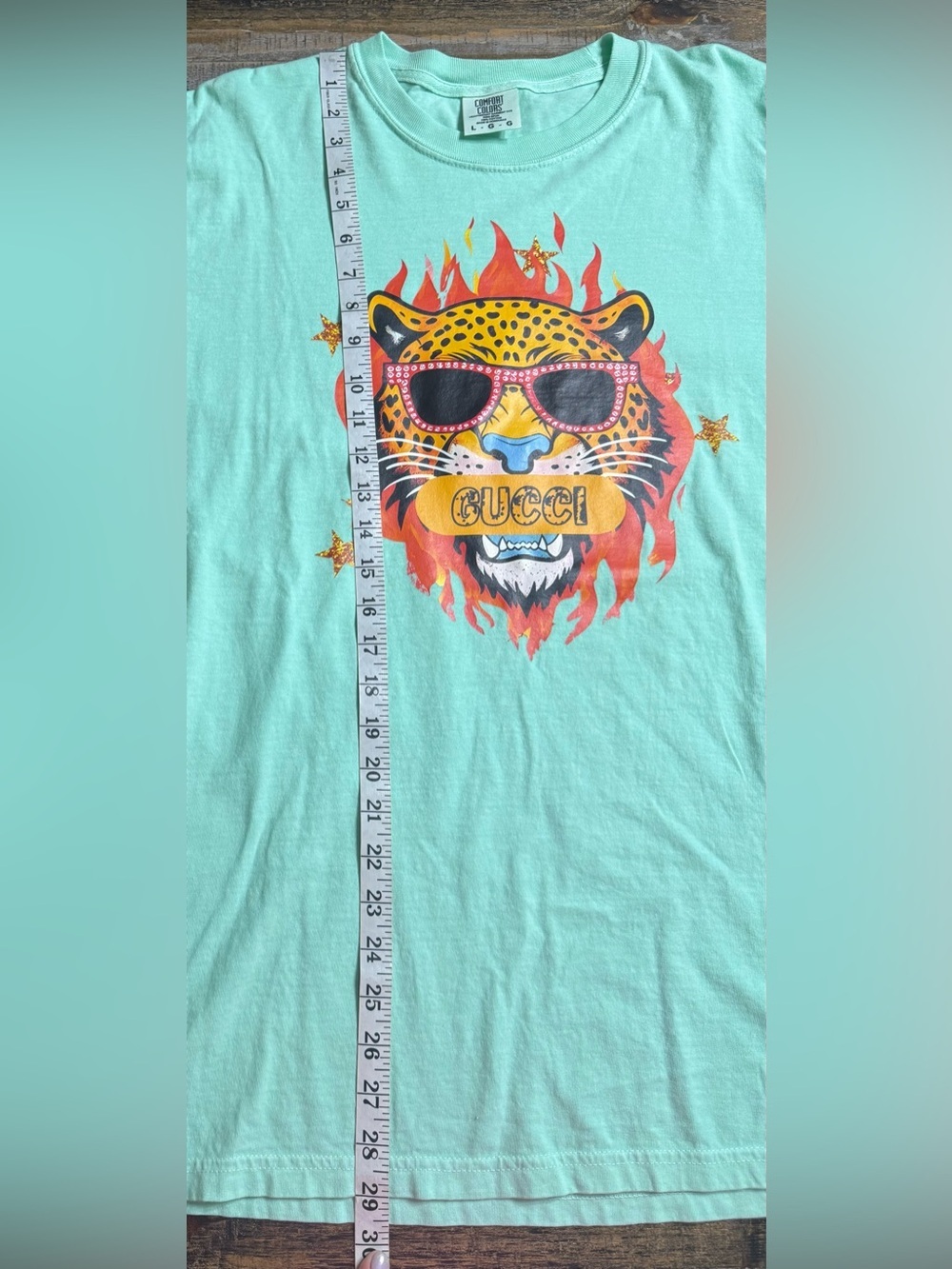 Comfort Colors Mint Green Short Sleeve Tee with Flaming Leopard Graphic - Picture 6 of 6